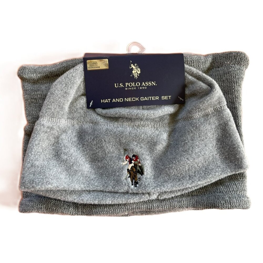 US Polo Assn Heather Gray Unisex Fleece Hat and Neck Gaiter 2 Pc Set NEW M304